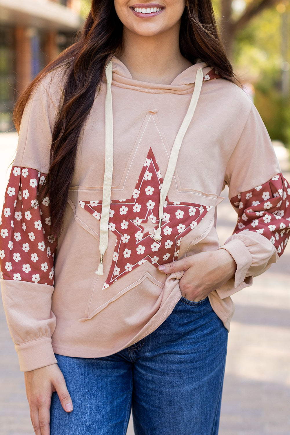 Floral Patchwork Star Pattern Drawstring Hoodie