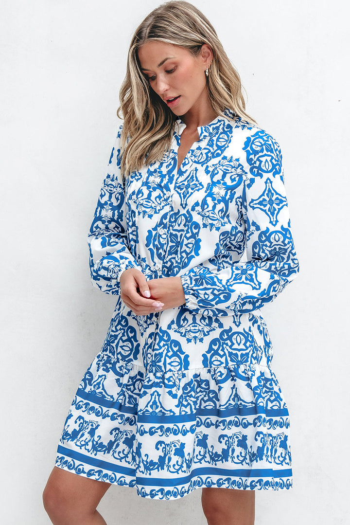 Tribal Print Button Up Notch Neck Loose Mini Dress