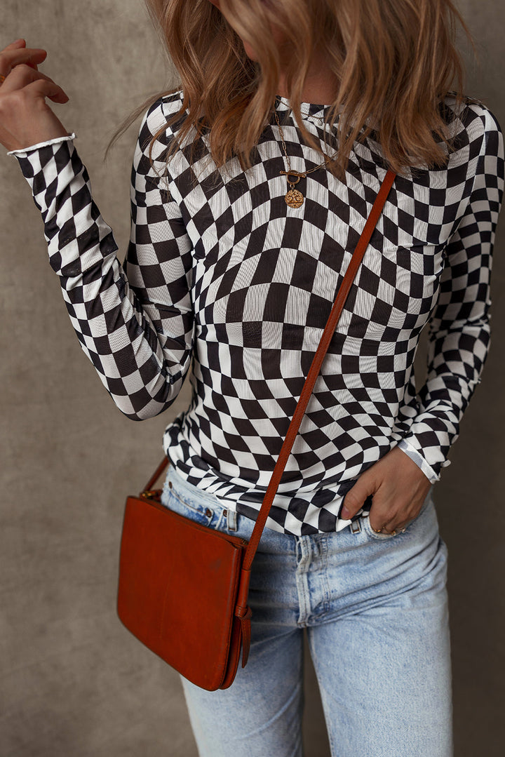 Checkered Pattern Mesh Mock Neck Long Sleeve Top