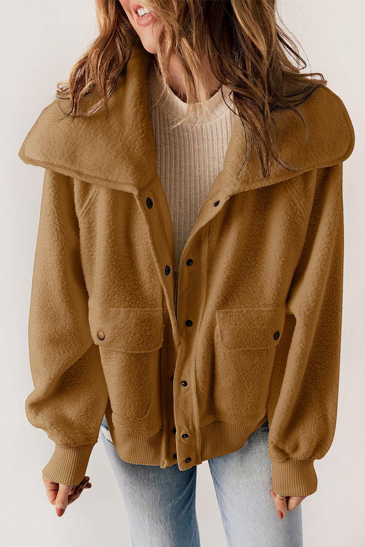 Button Flap Pocket Spread Collar Fleece Jacket