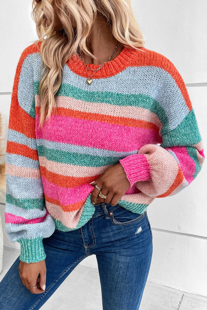 Striped Knit Drop Shoulder Puff Sleeve Sweater