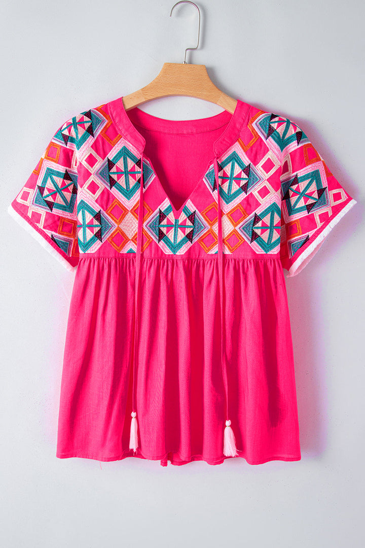 Geometric Embroidered Tassel Tie V Neck Blouse