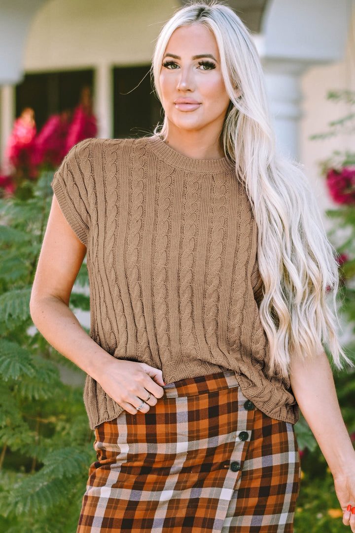 Crew Neck Cable Knit Short Sleeve Sweater