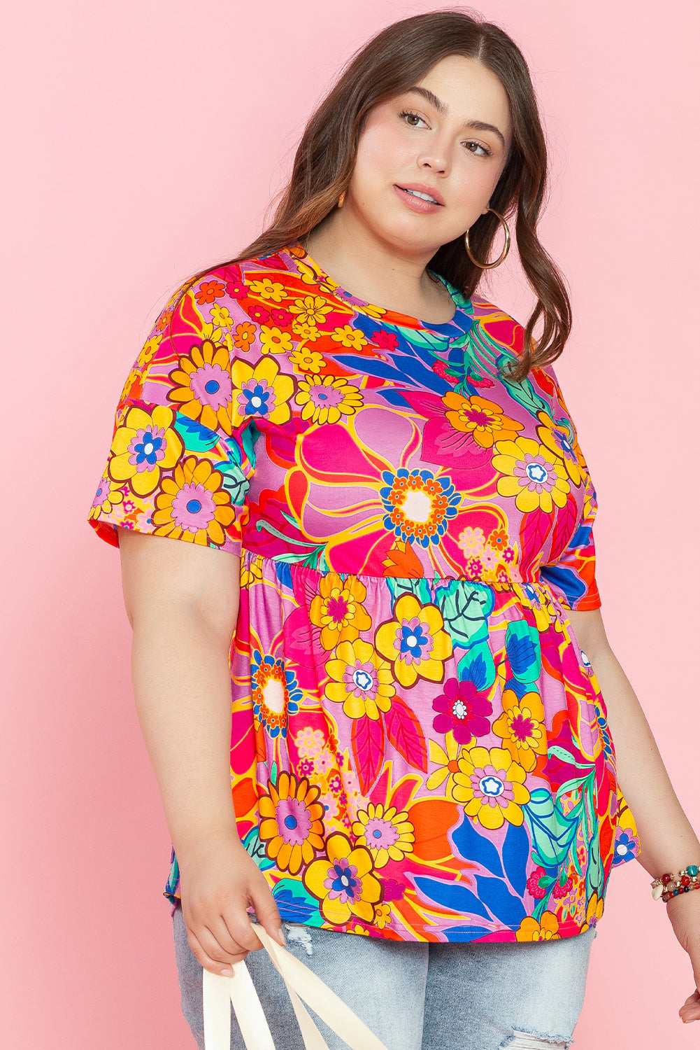 Floral Print Short Sleeve Plus Size Babydoll Blouse