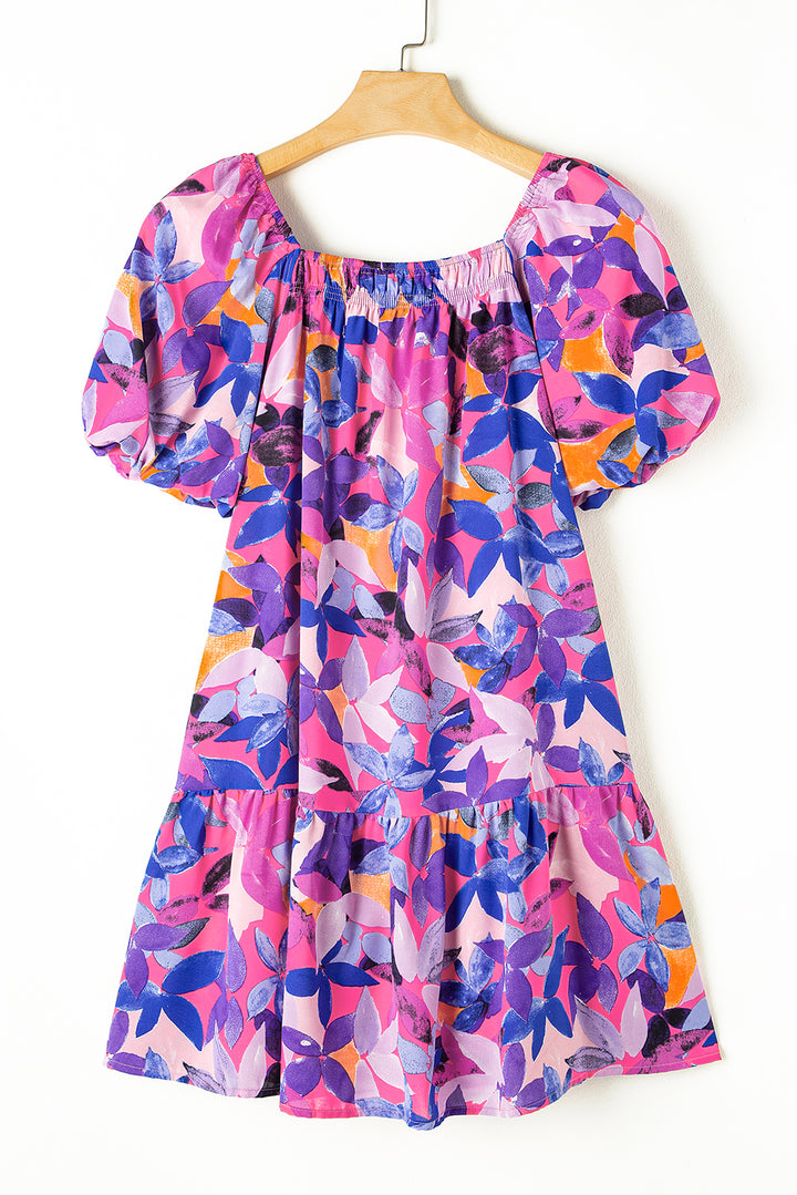 Purple Flower Print Short Puff Sleeve Ruffled Dress