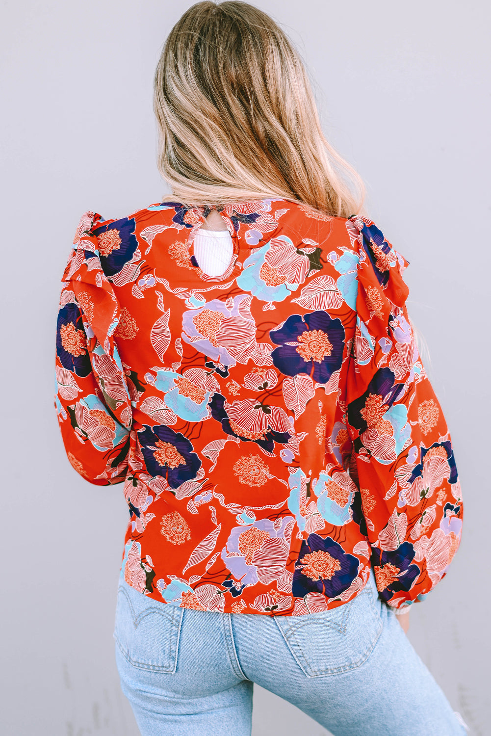 Floral Print Ruffle Puff Sleeve Blouse