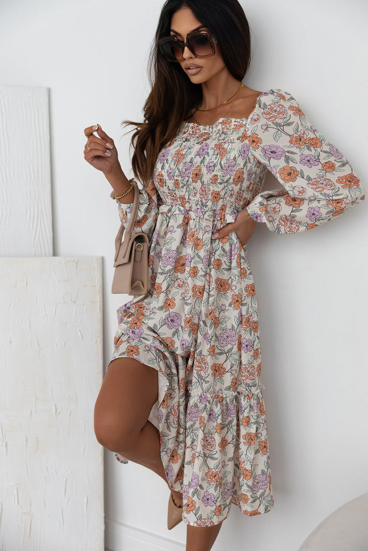 Floral Smocked Long Sleeve Pocketed Dress