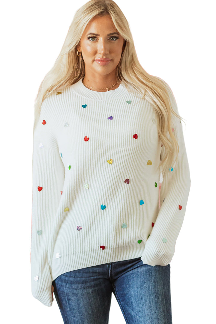 Sequin Heart Shape Waffle Knit Round Neck Sweater