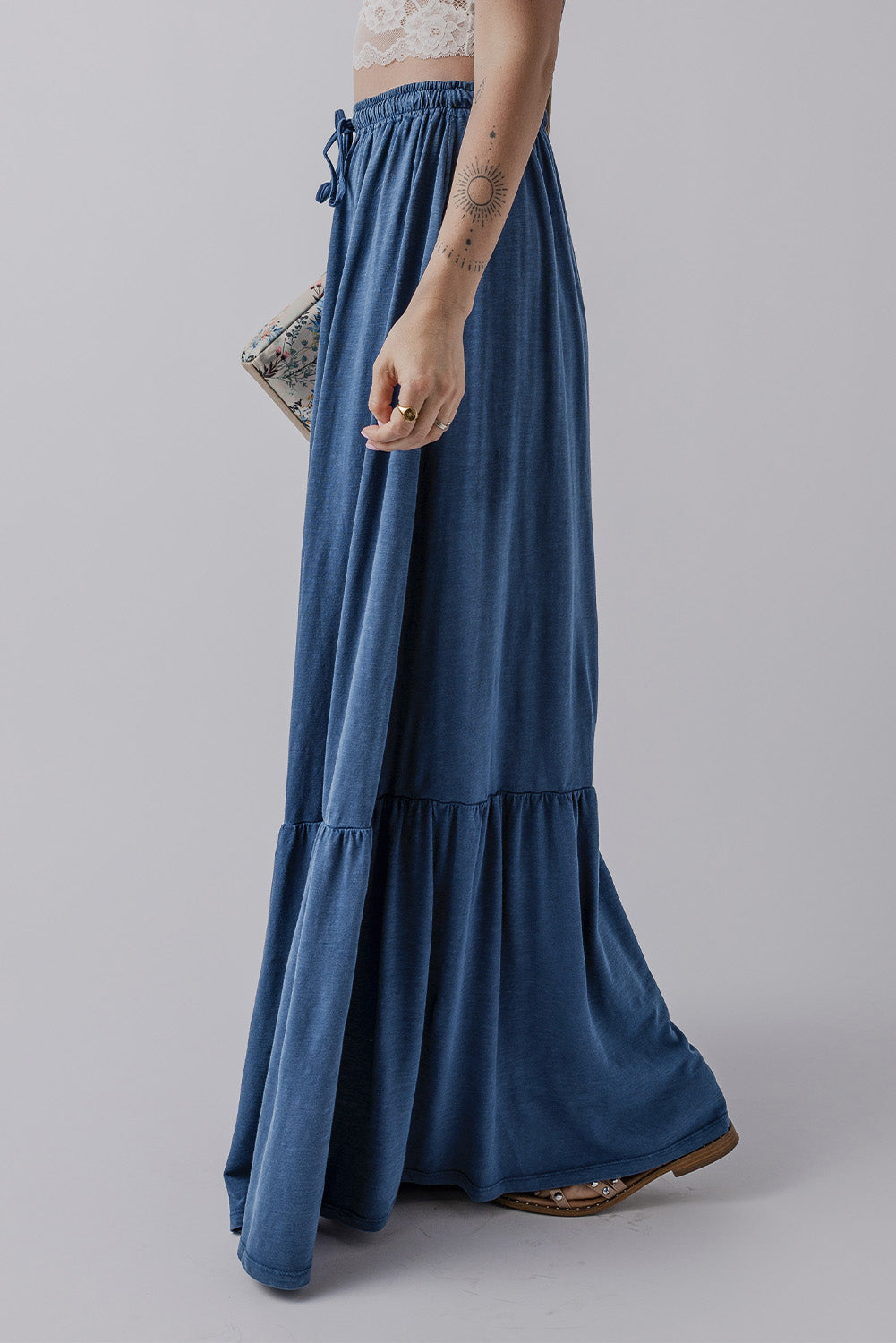 Solid Color Lace up High Waist Tiered Maxi Skirt