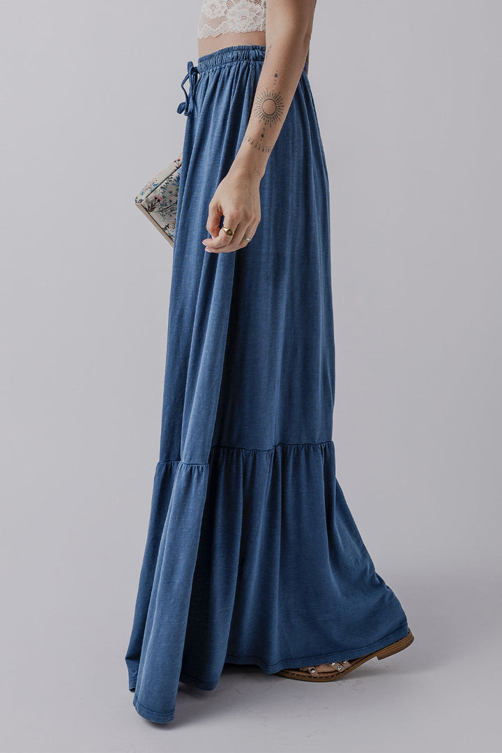 Solid Color Lace up High Waist Tiered Maxi Skirt