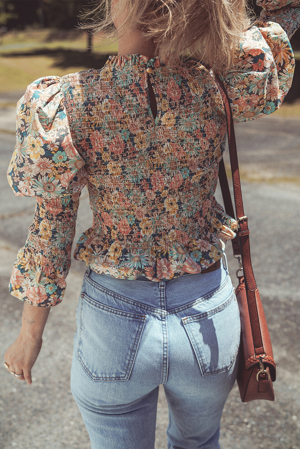 Floral Print Smocked Bubble Sleeve Ruffled Crop Top