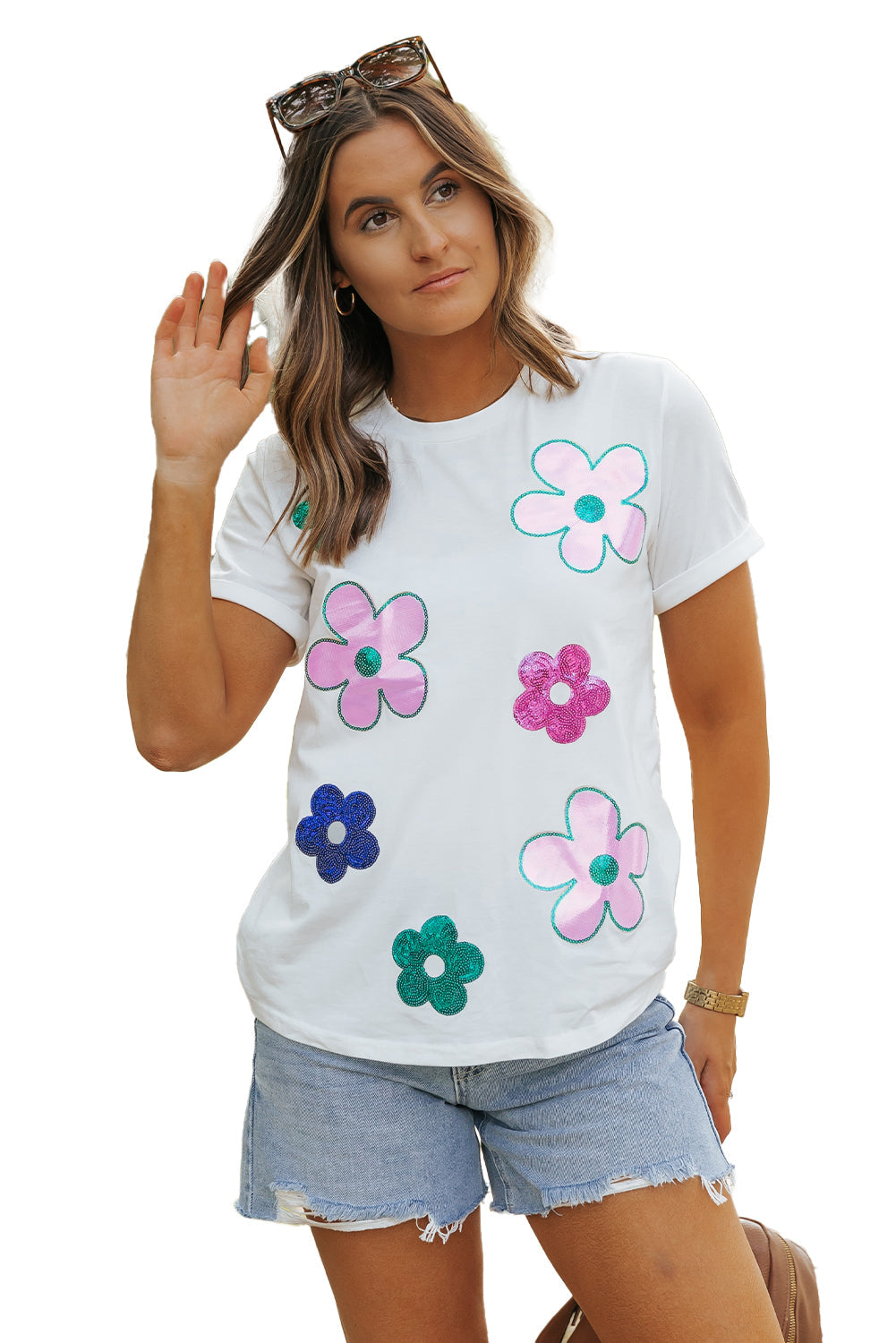 Sequined Flower Pattern Round Neck T Shirt