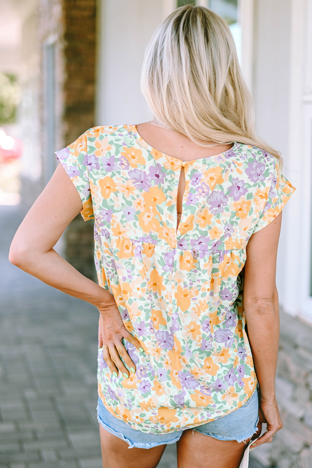 Floral Print Keyhole Back Short Sleeve Babydoll Blouse