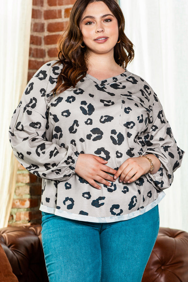 Leopard Balloon Sleeve Thermal Knit Plus Size Top