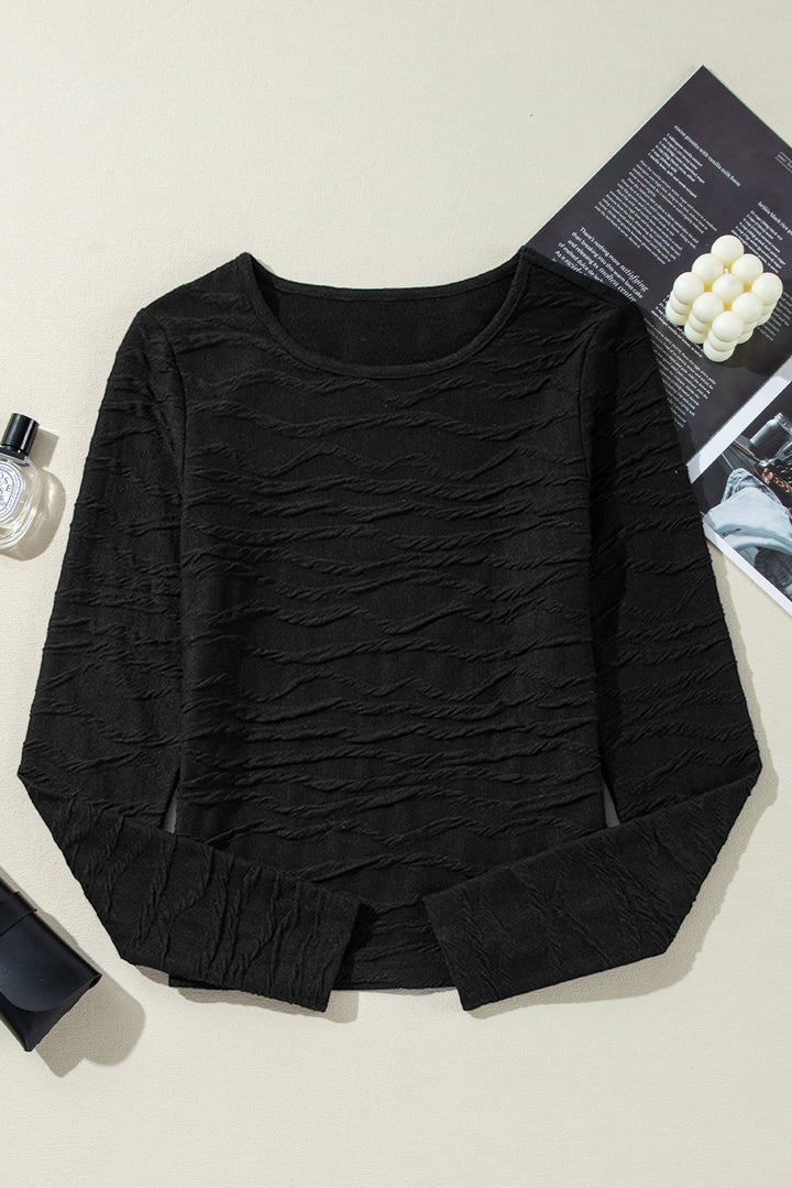 Solid Wavy Textured Slim Fit Long Sleeve T Shirt