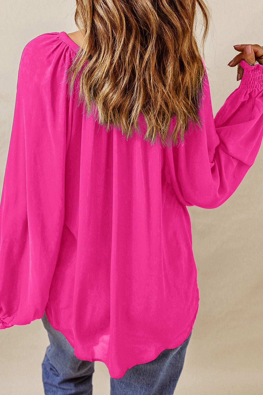 Pleated V Neck Puffy Sleeve Blouse