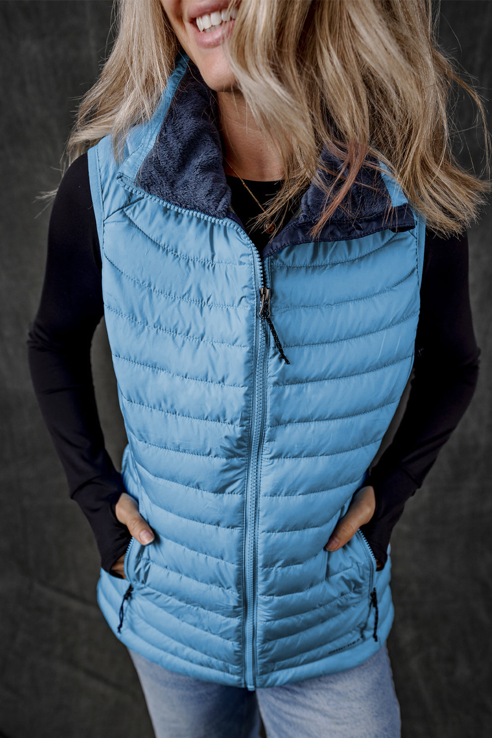 Plush Collared Quilted Zipped Puffer Vest