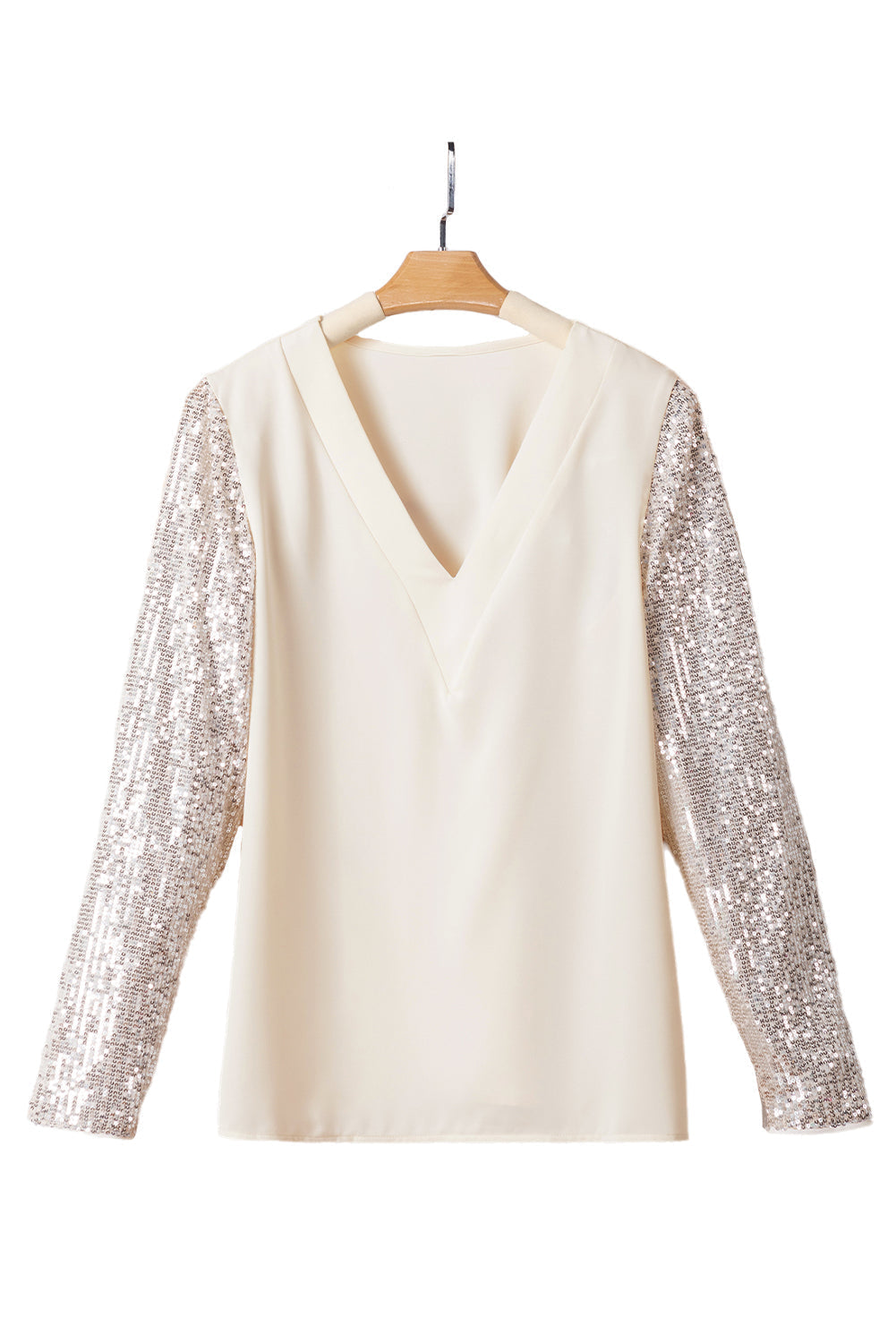 Sequined Sleeves Patchwork V Neck Blouse