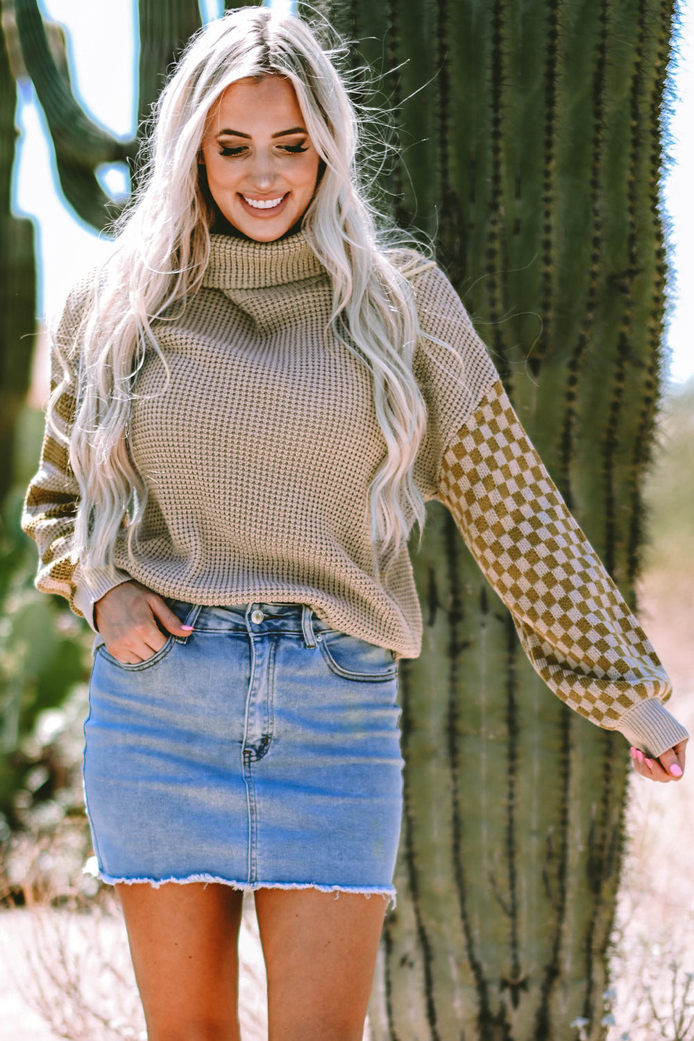 Striped Plaid Patchwork Waffle Knit Turtleneck Sweater