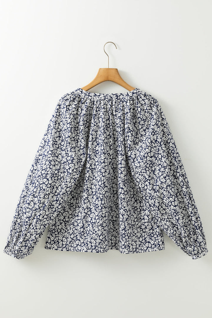 Floral Print Notched V Neck Puff Sleeve Blouse