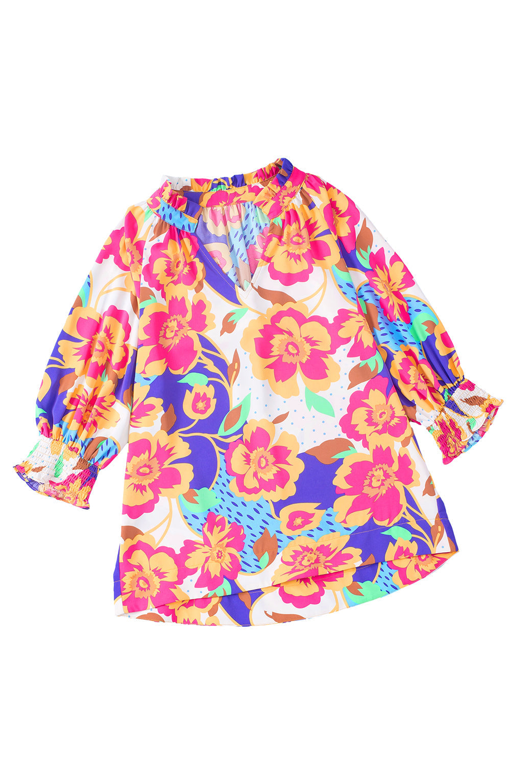 Floral Split Neck Frilled Bubble Sleeve Blouse