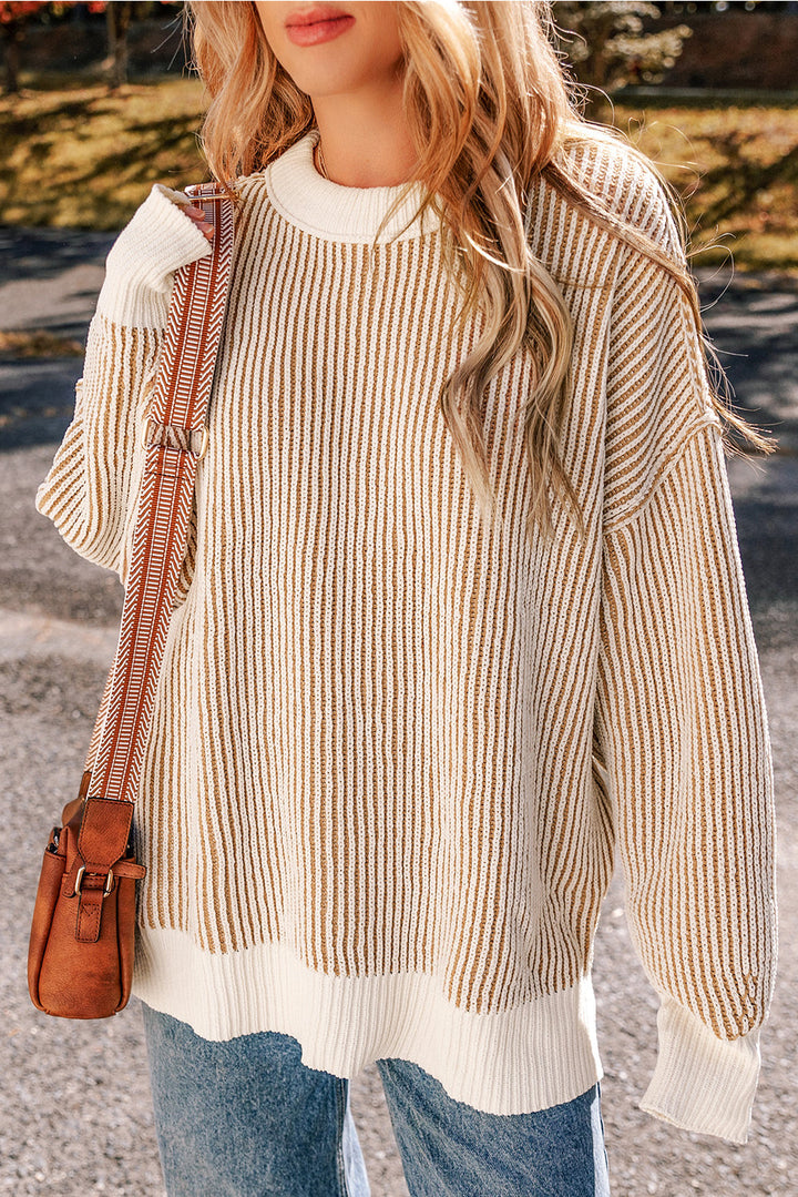 Striped Textured Knit Contrast Edge Loose Sweater