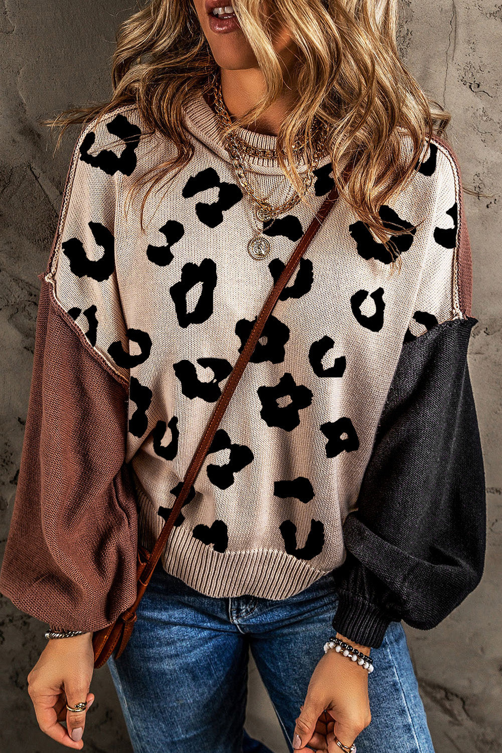 Leopard Print Colorblock Pullover Sweater