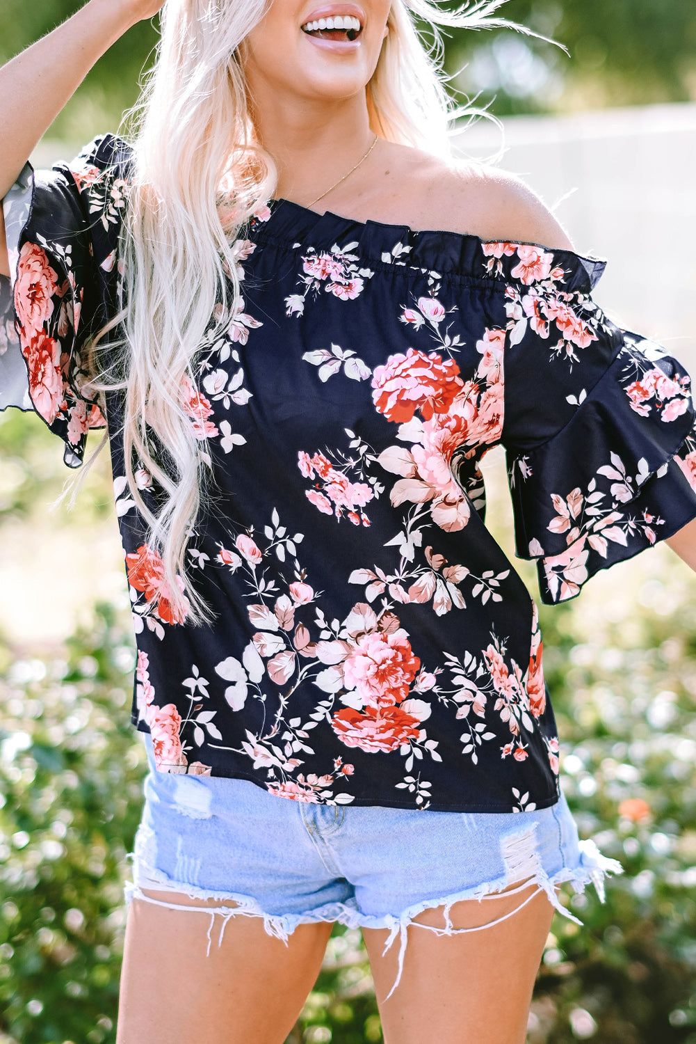 Ruffle Off Shoulder Flounce Sleeve Floral Blouse