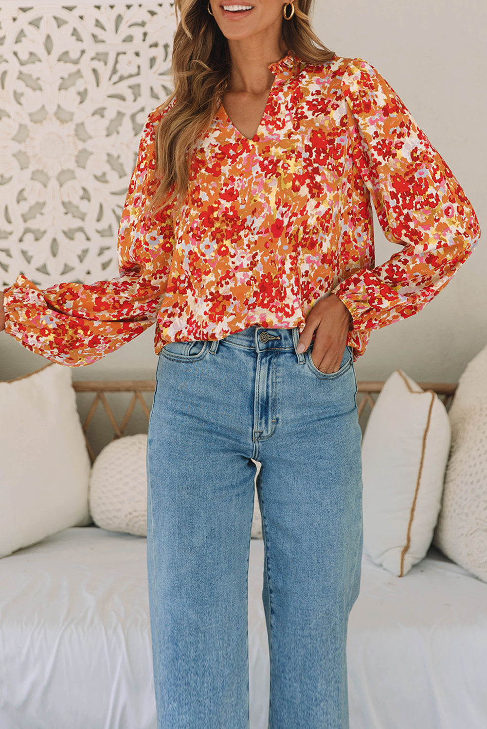 Frilled Split Neck Bubble Sleeve Floral Blouse