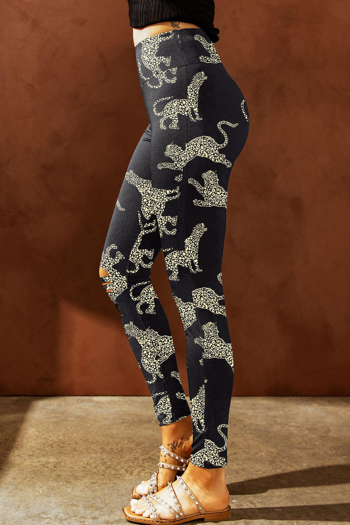 High Rise Cheetah Ripped Leggings