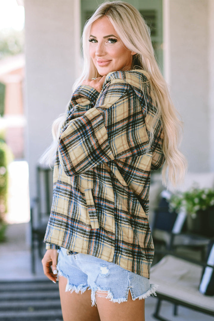 Plaid Button Neck Pocketed Pullover Hoodie