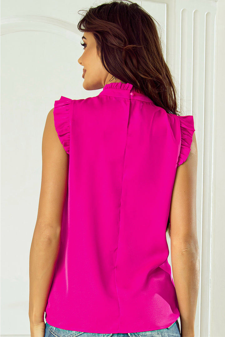 Pleated Mock Neck Frilled Trim Sleeveless Top