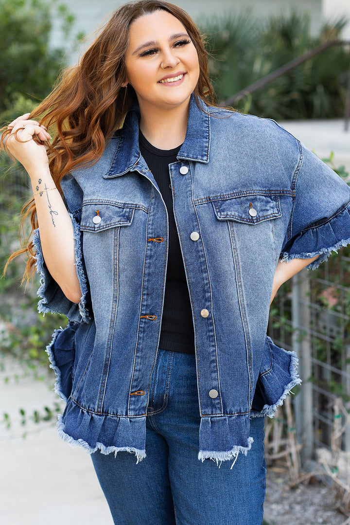 Ruffled Frayed Short Sleeve Plus Size Denim Jacket