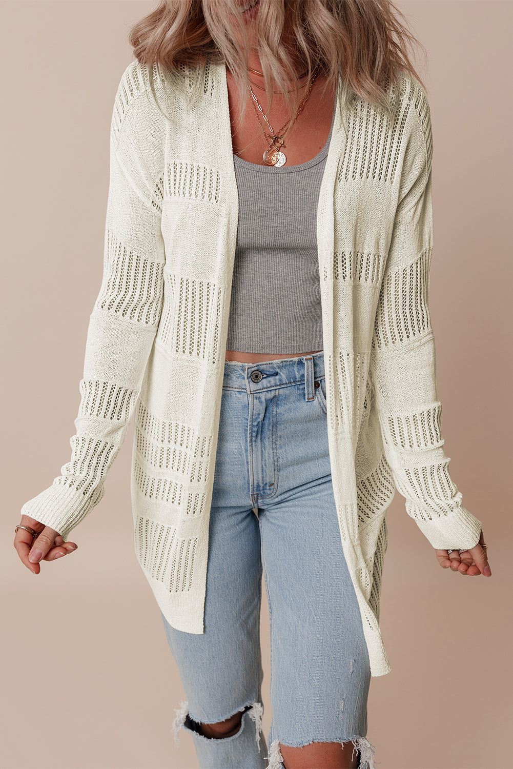 Solid Color Lightweight Open Knit Tunic Cardigan