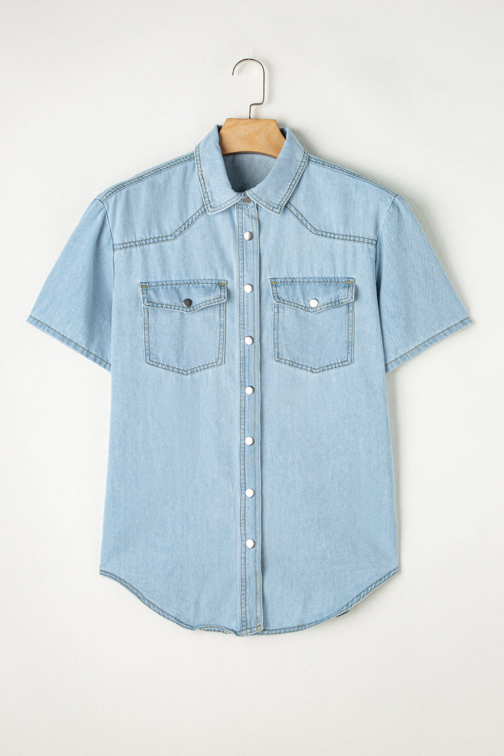 Vintage Light Wash Flap Pockets Rounded Hem Shirt