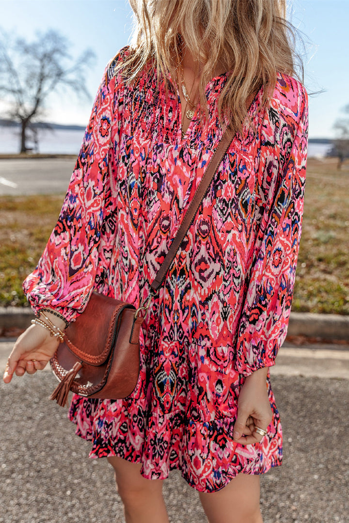 Abstract Printed Tassel Tied Neck Long Sleeve Ruffled Mini Dress