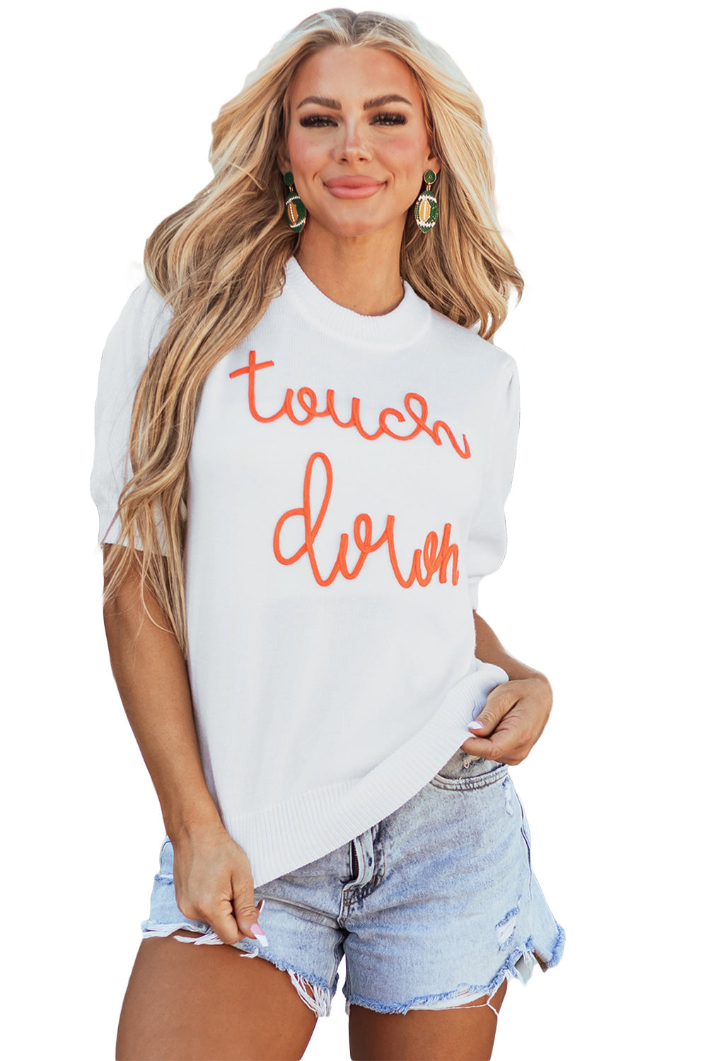 Touchdown Tinsel Puff Short Sleeve Crew Neck Sweater