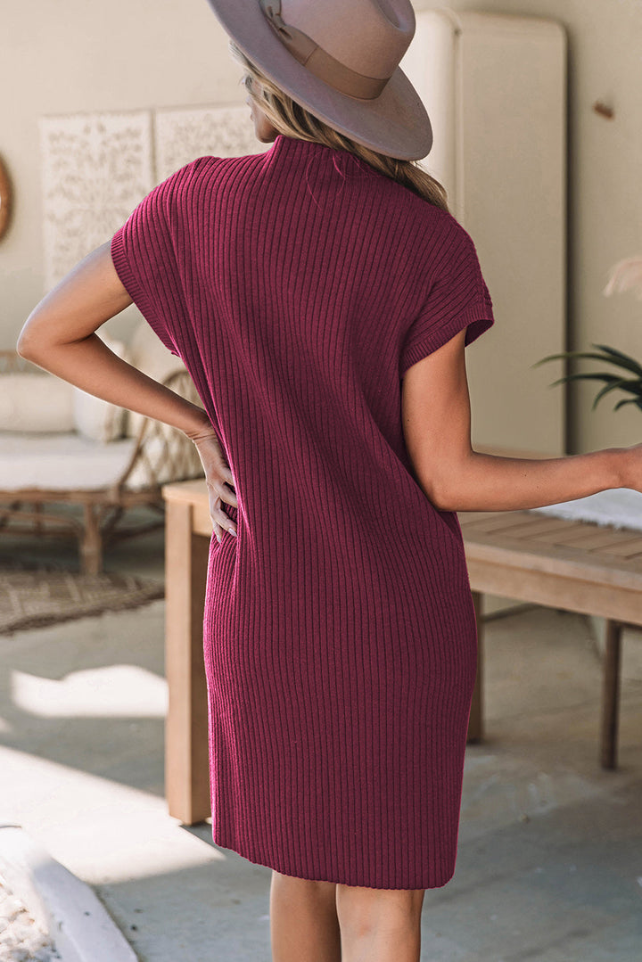 Patch Pocket Ribbed Knit Short Sleeve Sweater Dress