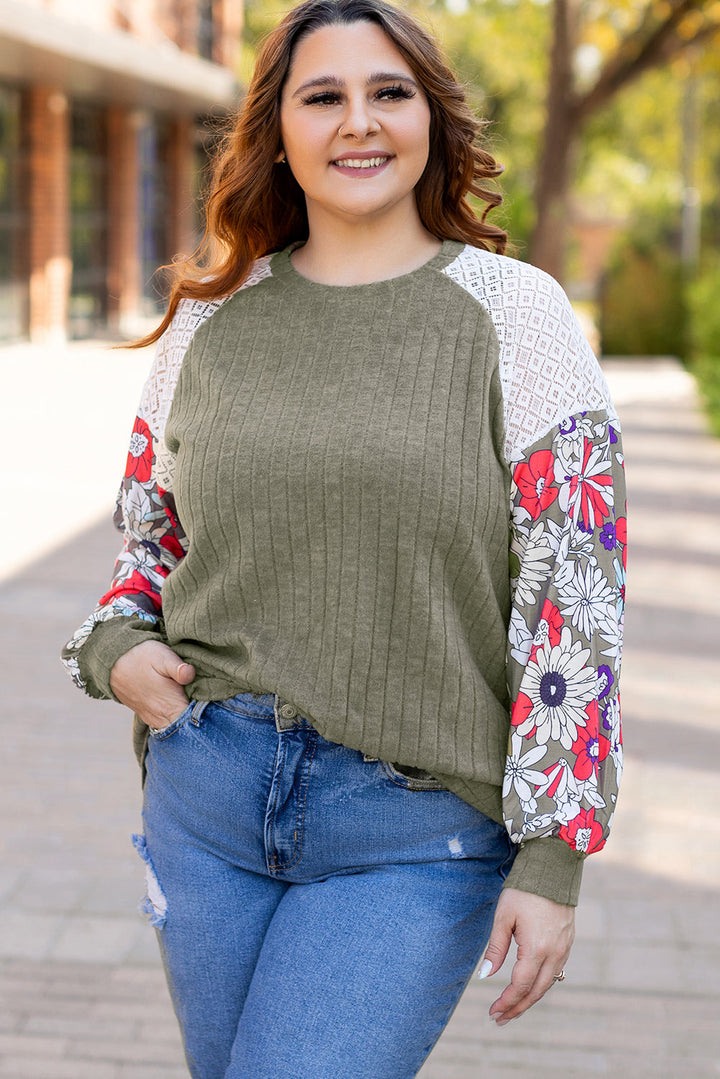 Plus Size Textured Floral Patchwork Raglan Sleeve Blouse