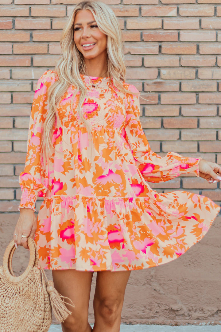 Abstract Print Smocked Lantern Sleeve Ruffle Mini Dress