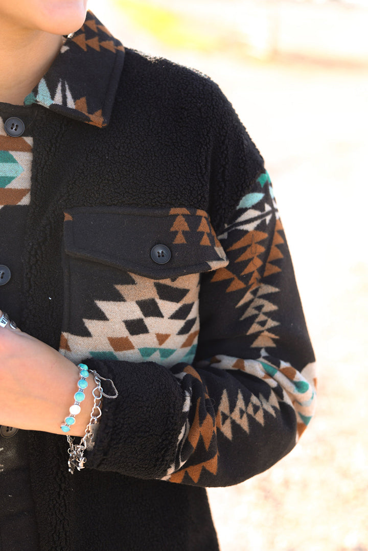 Western Aztec Print Accent Fleece Shacket