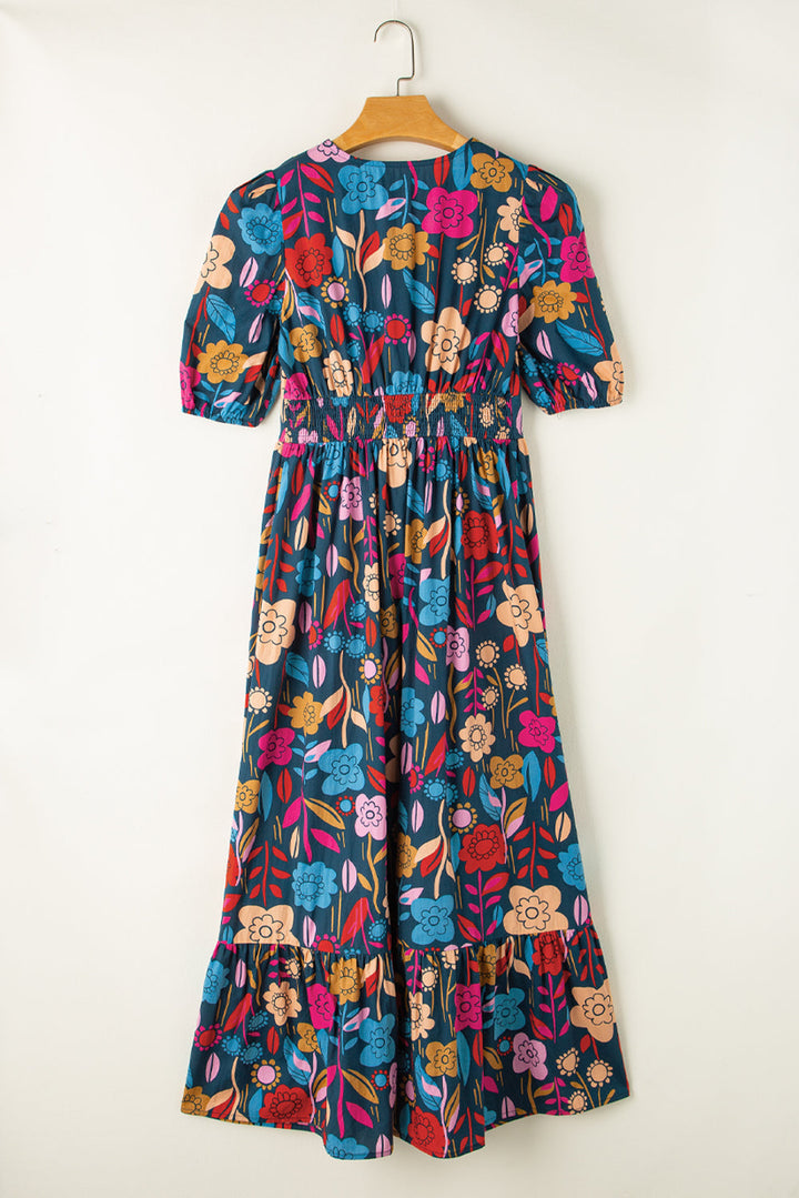 Retro Floral Printed Split Neck Maxi Dress