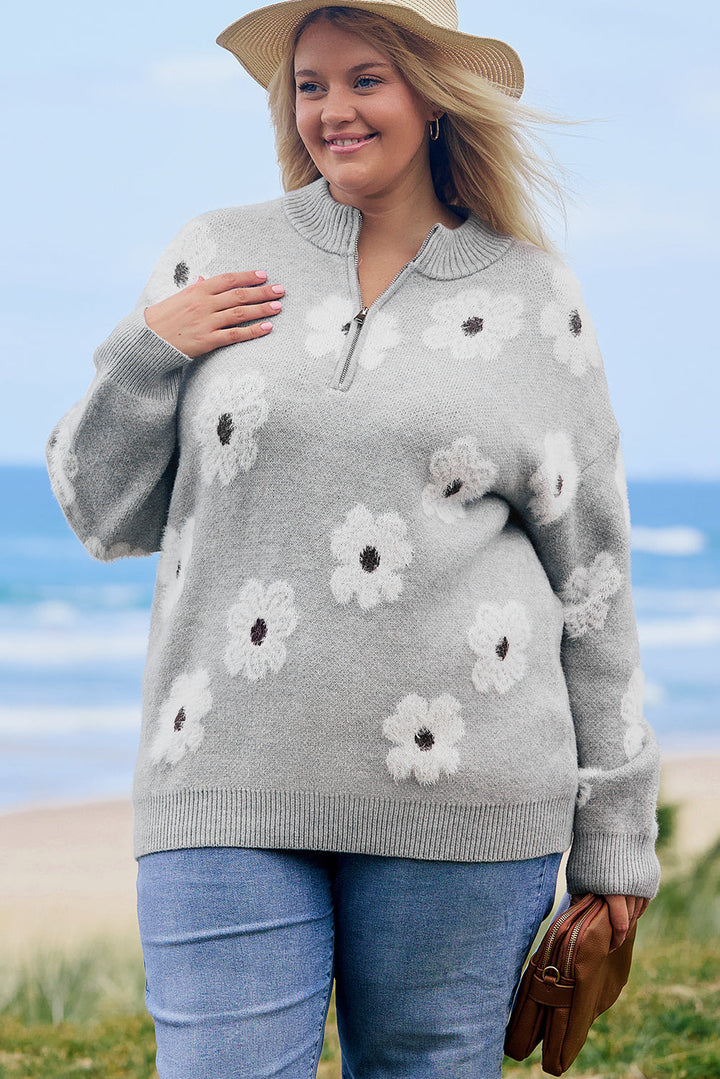 Plus Size Embroidered Floral Pattern Half Zip Sweater