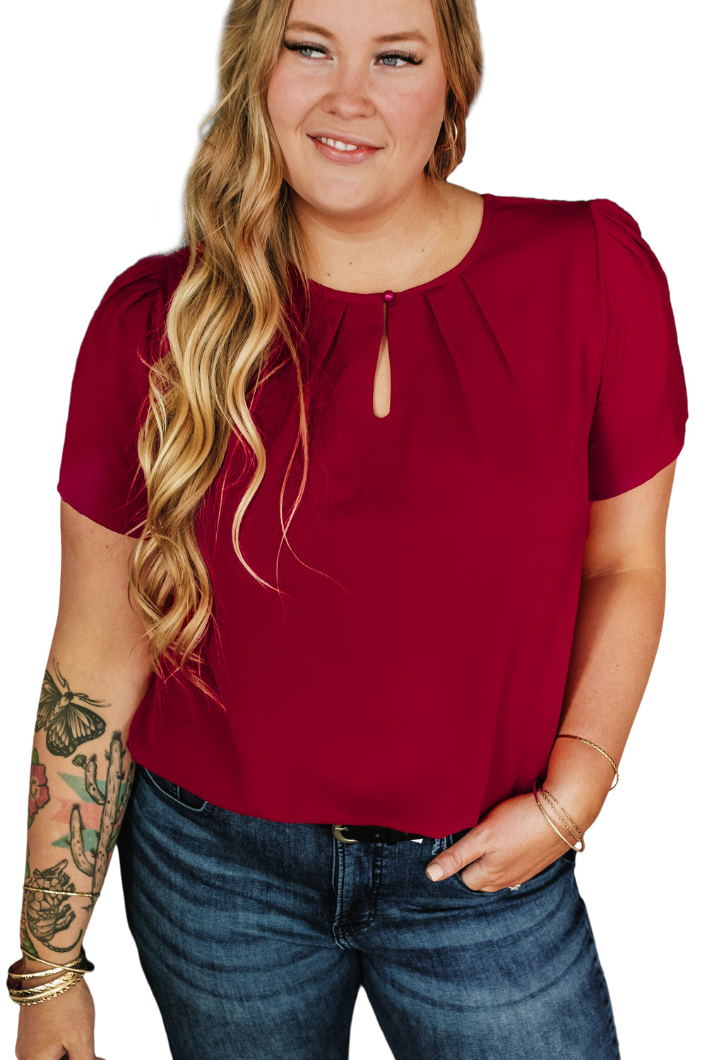 Keyhole Pleated Crew Neck Plus Size T Shirt