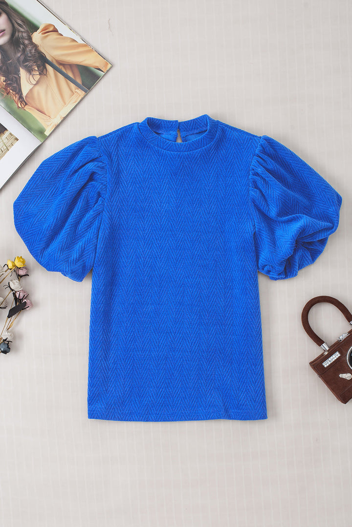 Solid Textured Puff Sleeve Mock Neck Blouse