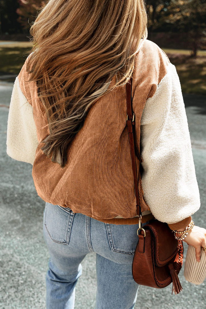 Corduroy Fleece Patchwork Buttoned Bomber Jacket