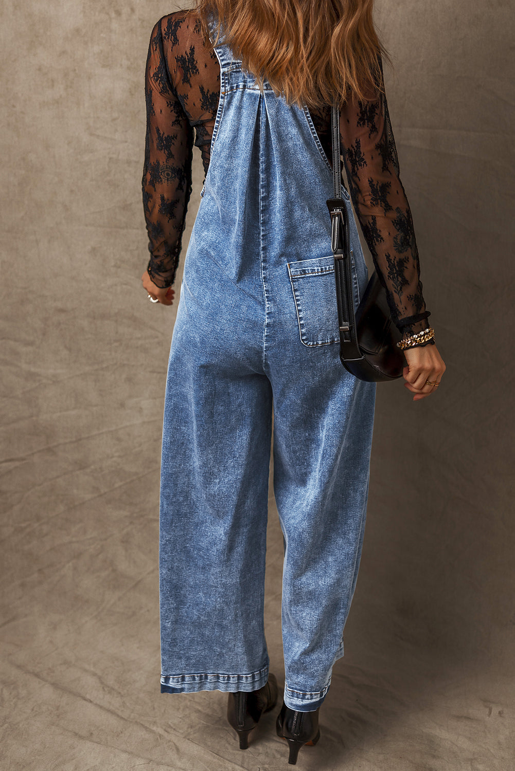 Mineral Wash Buttoned Straps Wide Leg Denim Overalls