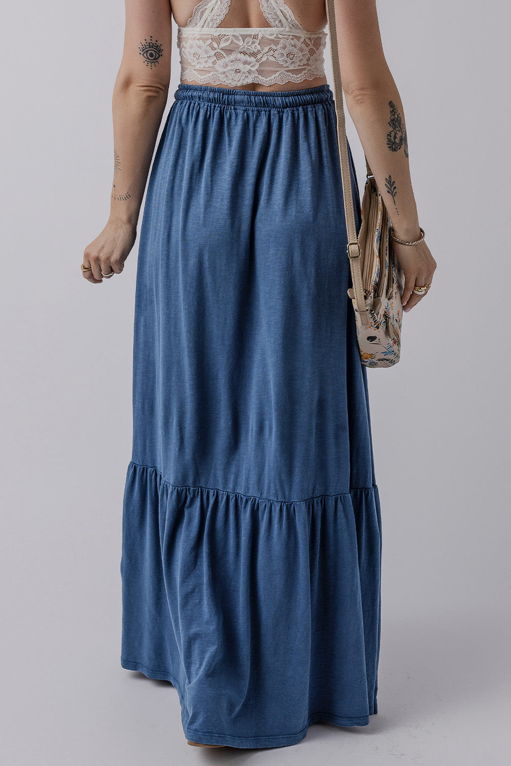 Solid Color Lace up High Waist Tiered Maxi Skirt