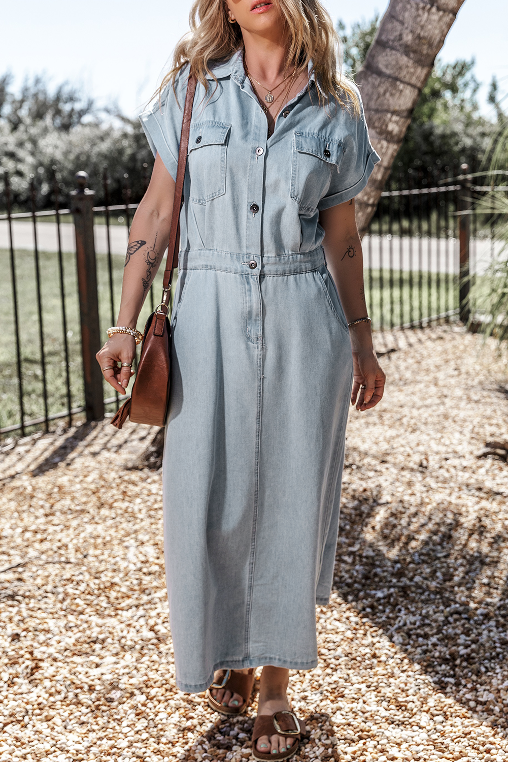 Short Batwing Sleeve Slit Back Denim Dress