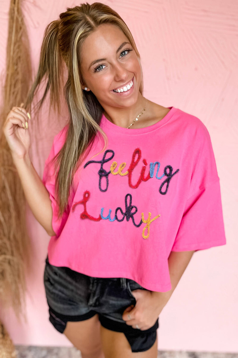 Bonbon Feeling Lucky Embroidered Letter Graphic Half Sleeve Top